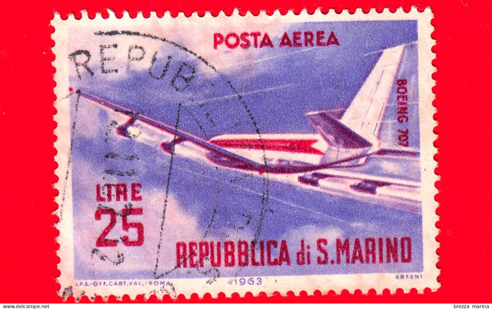 SAN MARINO - Usato - 1963 - Aerei Moderni - Tipo POSTA AEREA - Boeing 707 - 25 - Corréo Aéreo