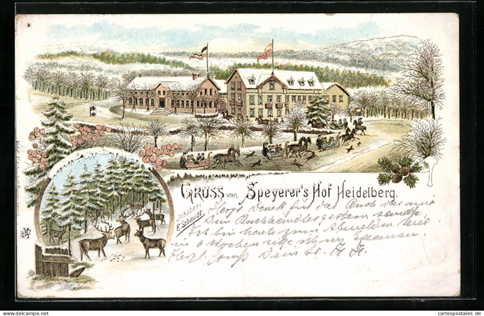 Lithographie Heidelberg / Neckar, Hotel Speyerer`s Hof Und Hirsche Mit Rehen Im Winter  - Heidelberg