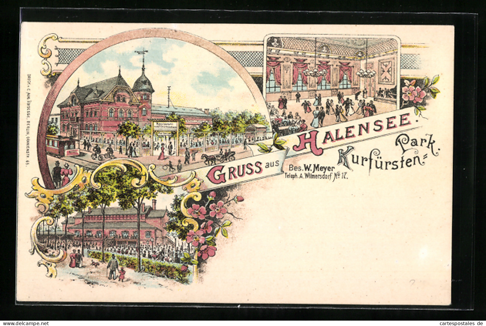 Lithographie Berlin-Halensee, Restaurant Kurfürsten-Park, Innenansicht, Garten  - Wilmersdorf