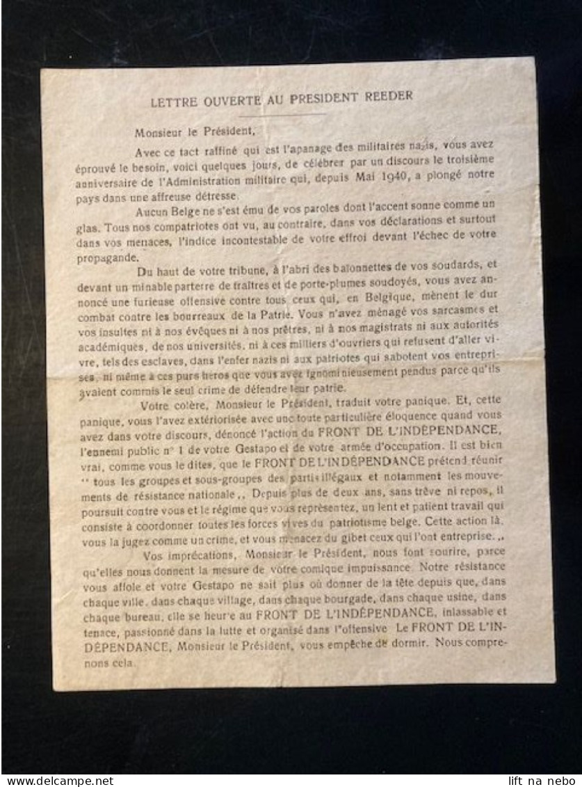 Tract Presse Clandestine Résistance Belge WWII WW2 'Lettre Ouverte Au President Reeder' Printed On Both Sides - Dokumente