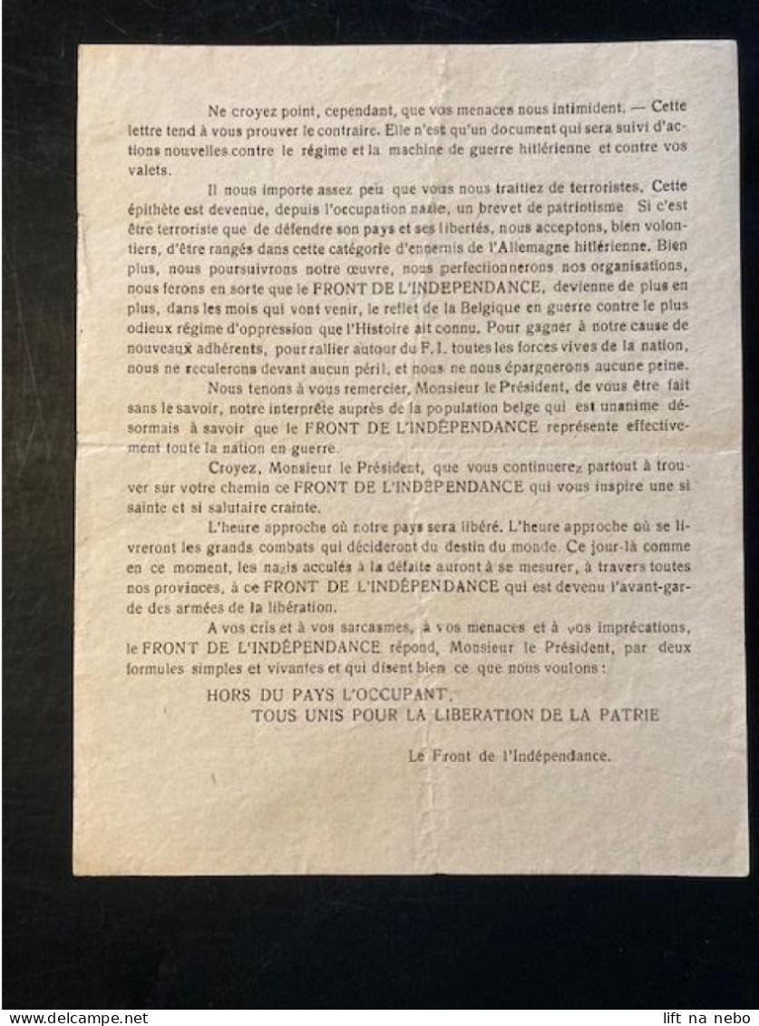 Tract Presse Clandestine Résistance Belge WWII WW2 'Lettre Ouverte Au President Reeder' Printed On Both Sides - Dokumente