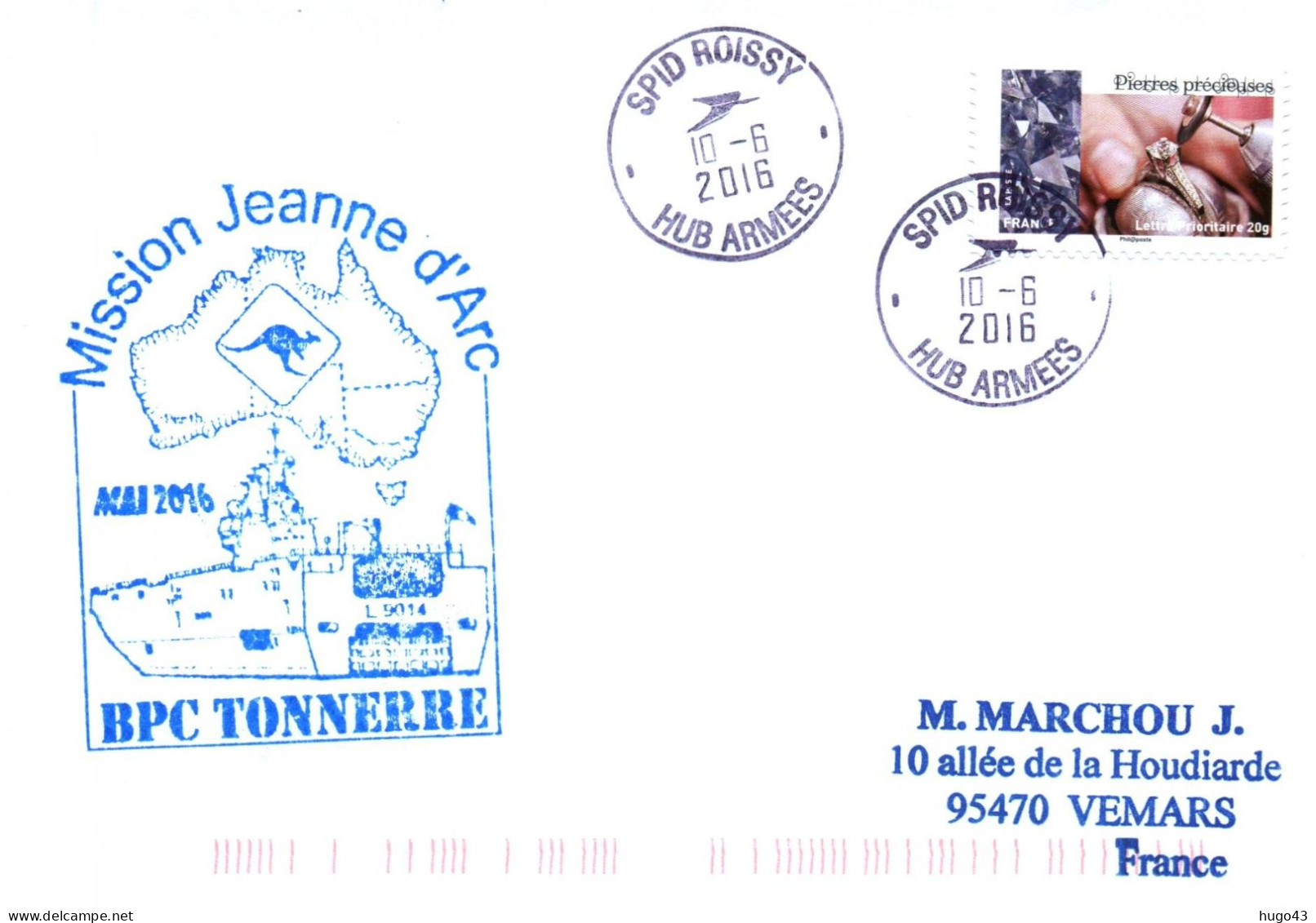 ENVELOPPE AVEC CACHET BPC TONNERRE LE 10/06/2016 - MISSION JEANNE D' ARC EN MAI 2016 - Naval Post