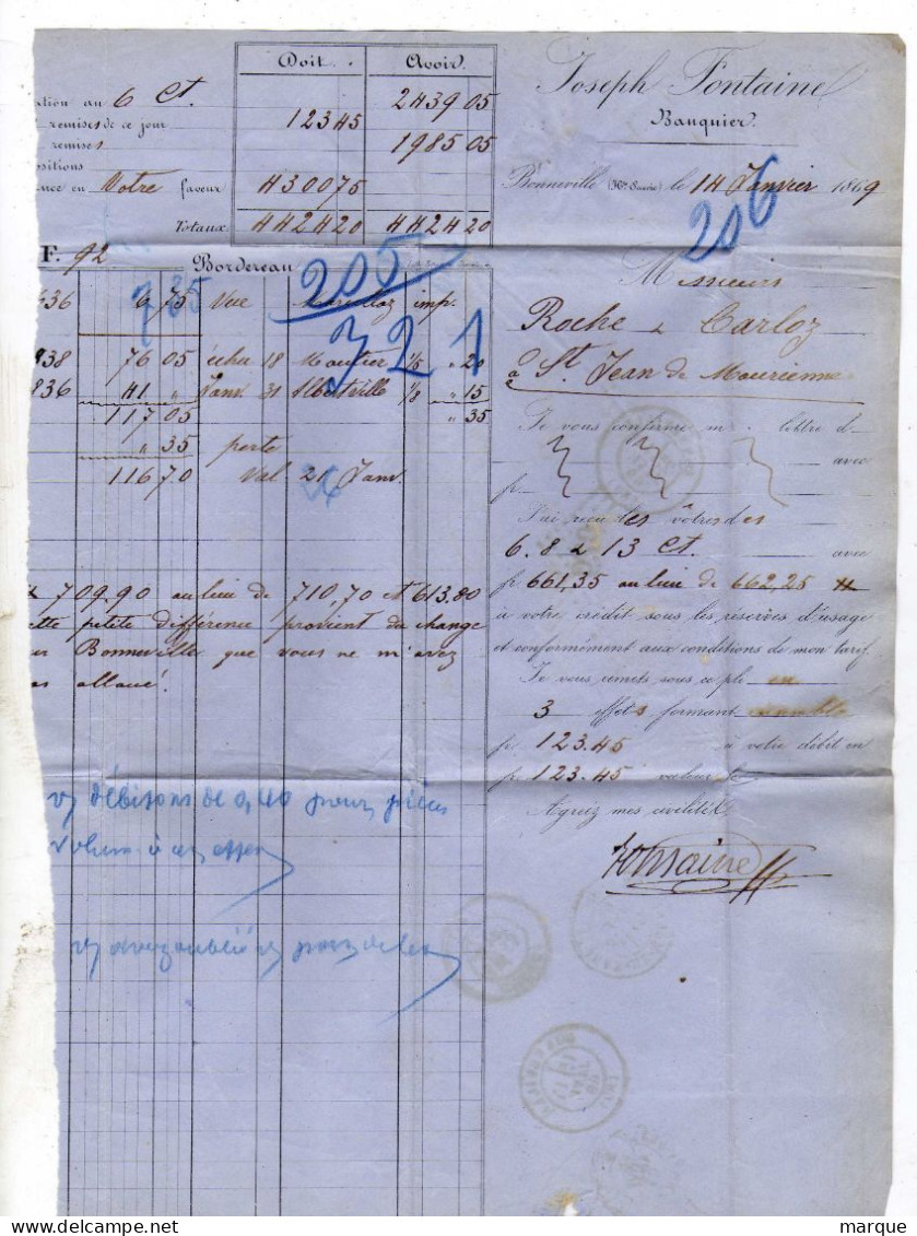 Document Avec 2 Timbres 20c Bleu Oblitération 14/01/1869 - 1849-1876: Klassik