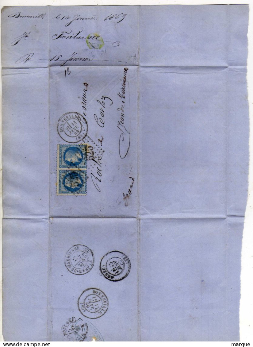 Document Avec 2 Timbres 20c Bleu Oblitération 14/01/1869 - 1849-1876: Klassik