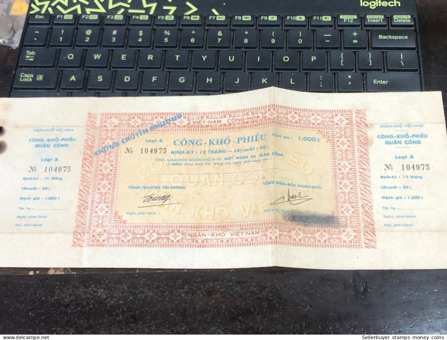 VIET NAM SOUTH CONG VIETNAM TREASURY BOND Paper PARVALUE 1000 VND BEFORE 1975/-1PCS RARE - Chèques & Chèques De Voyage