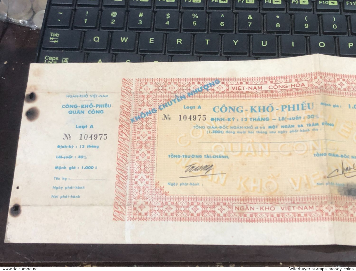 VIET NAM SOUTH CONG VIETNAM TREASURY BOND Paper PARVALUE 1000 VND BEFORE 1975/-1PCS RARE - Cheques & Traveler's Cheques