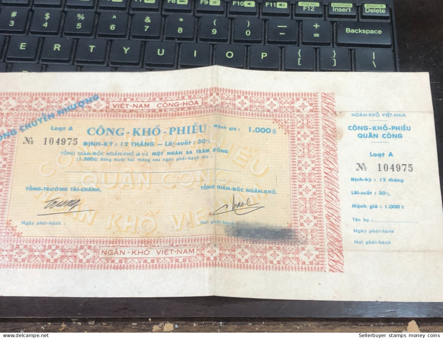 VIET NAM SOUTH CONG VIETNAM TREASURY BOND Paper PARVALUE 1000 VND BEFORE 1975/-1PCS RARE - Cheques En Traveller's Cheques