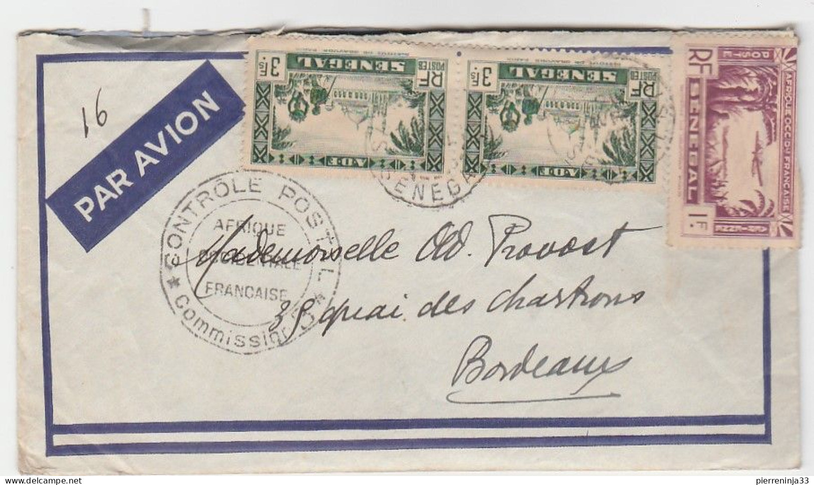 Lettre Saint Louis Du Sénégal Avec Contrôle Postal Pour Bordeaux, 1940 - Cartas & Documentos