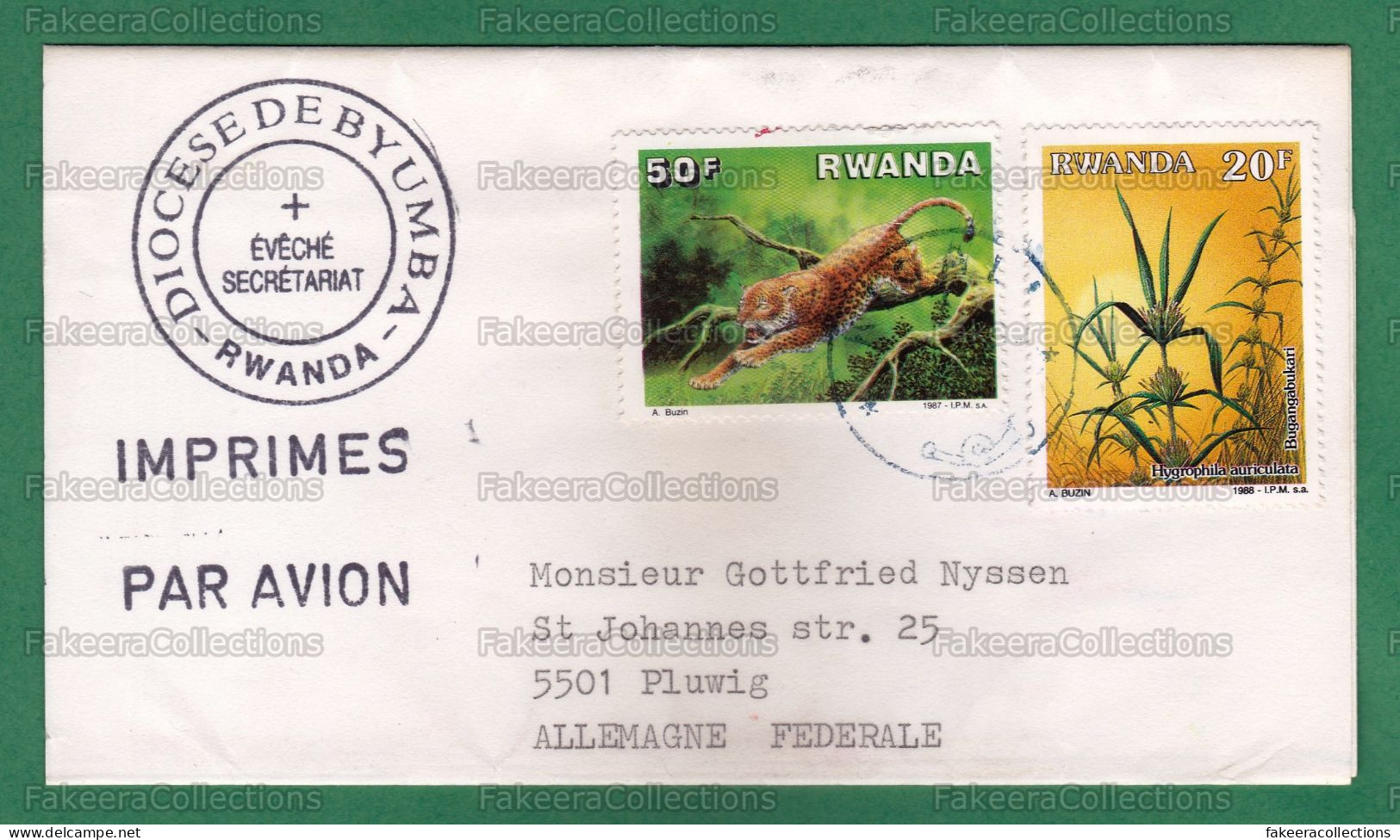 RWANDA 1988 - Letter / Cover Sent To GERMANY With LEOPARD Stamp - Animals, Wild Cats, Hygrophila Auriculata - As Scan - Big Cats (cats Of Prey)