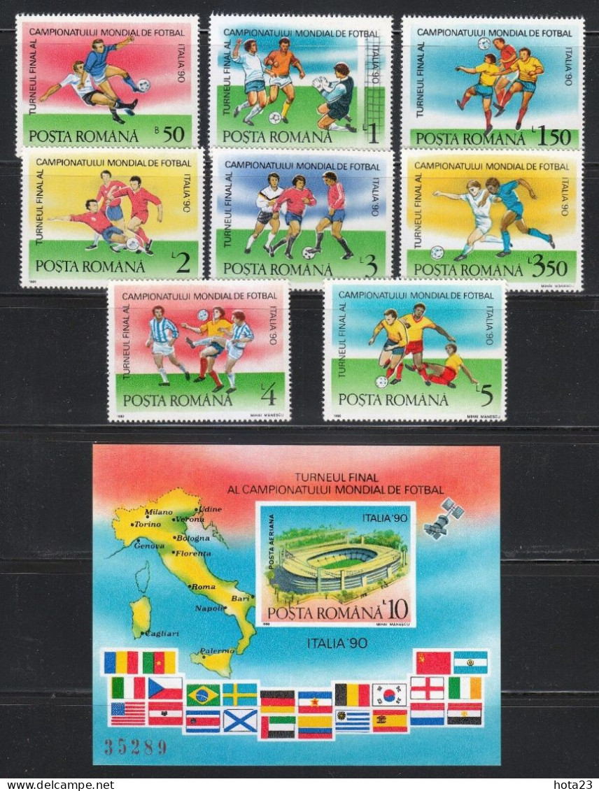 (!) Romania 1990 MNH Mi 4594-4601+Block 262 Sc 3602-3609 World Cup Soccer.Italy'90 - 1990 – Italien