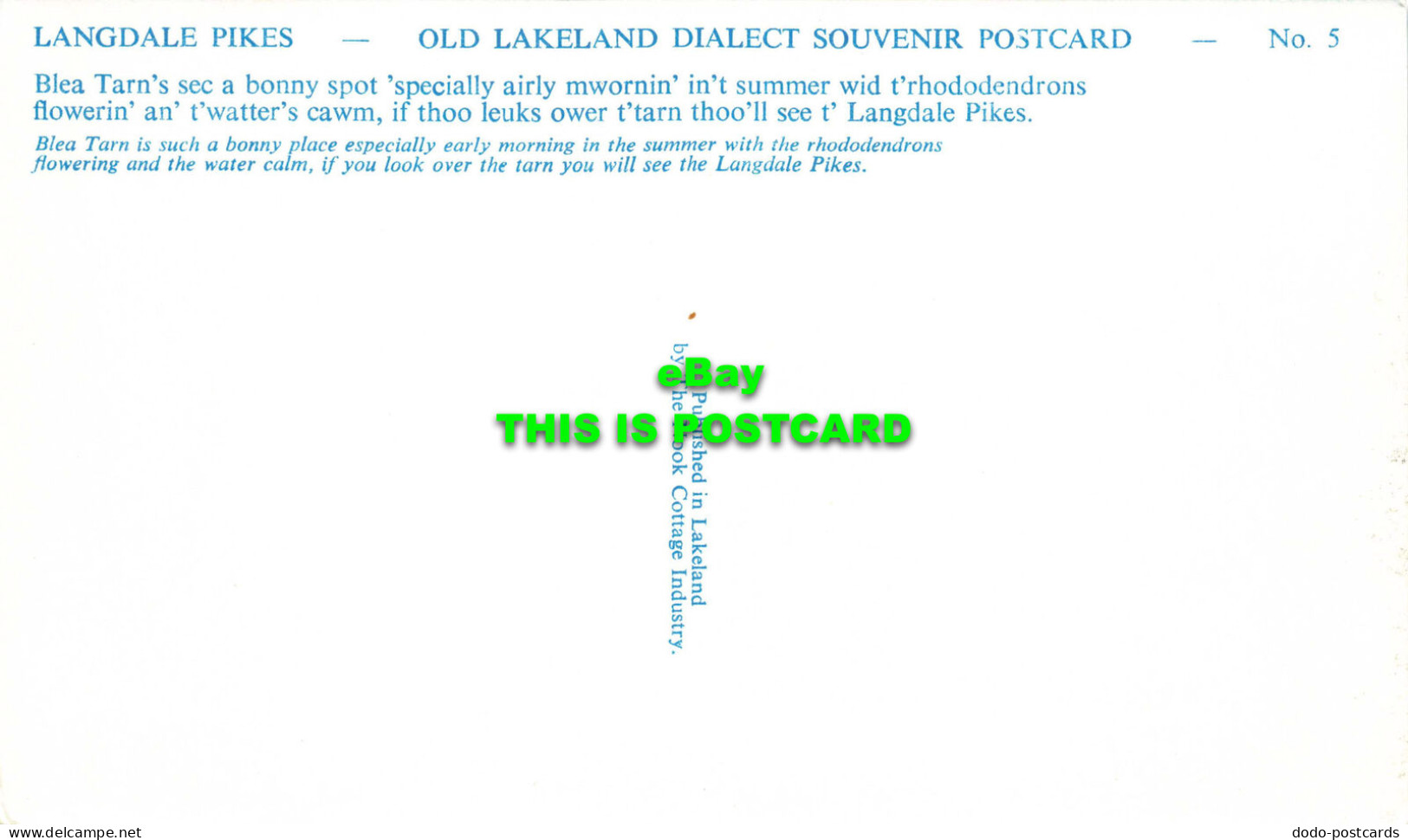 R568910 Langdale Pikes. Old Lakeland Dialect Souvenir Postcard. No. 5. Blea Tarn - Welt