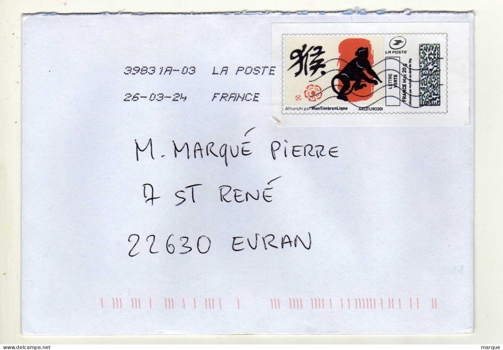 Enveloppe FRANCE Avec Vignette Affranchissement Lettre Verte Oblitération LA POSTE 39831A-03 26/03/2024 - 2010-... Illustrated Franking Labels