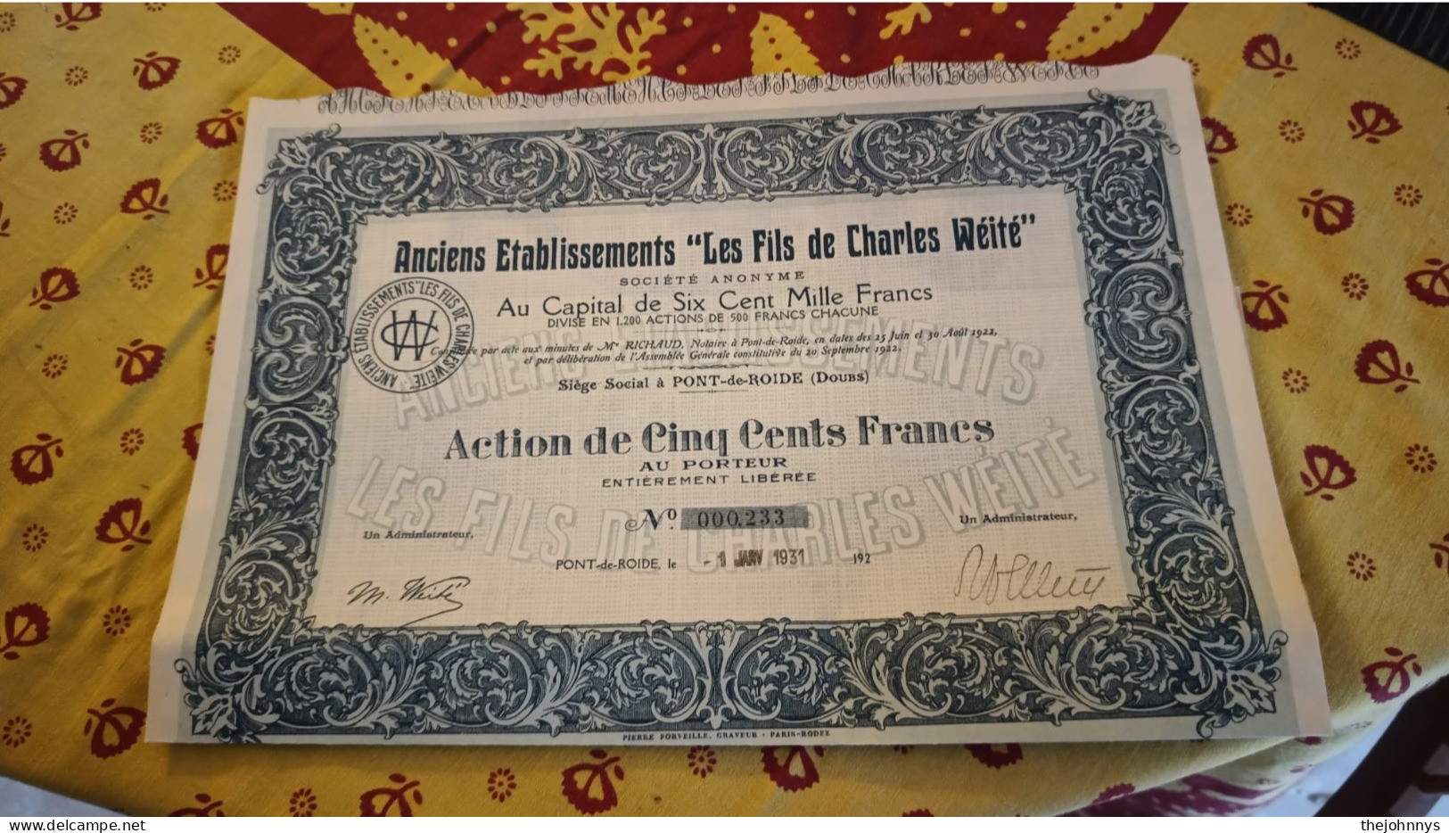 RARE : Anciens Etablissements " Les Fils De Charles Wéité "  1200 Exemplaires - Other & Unclassified