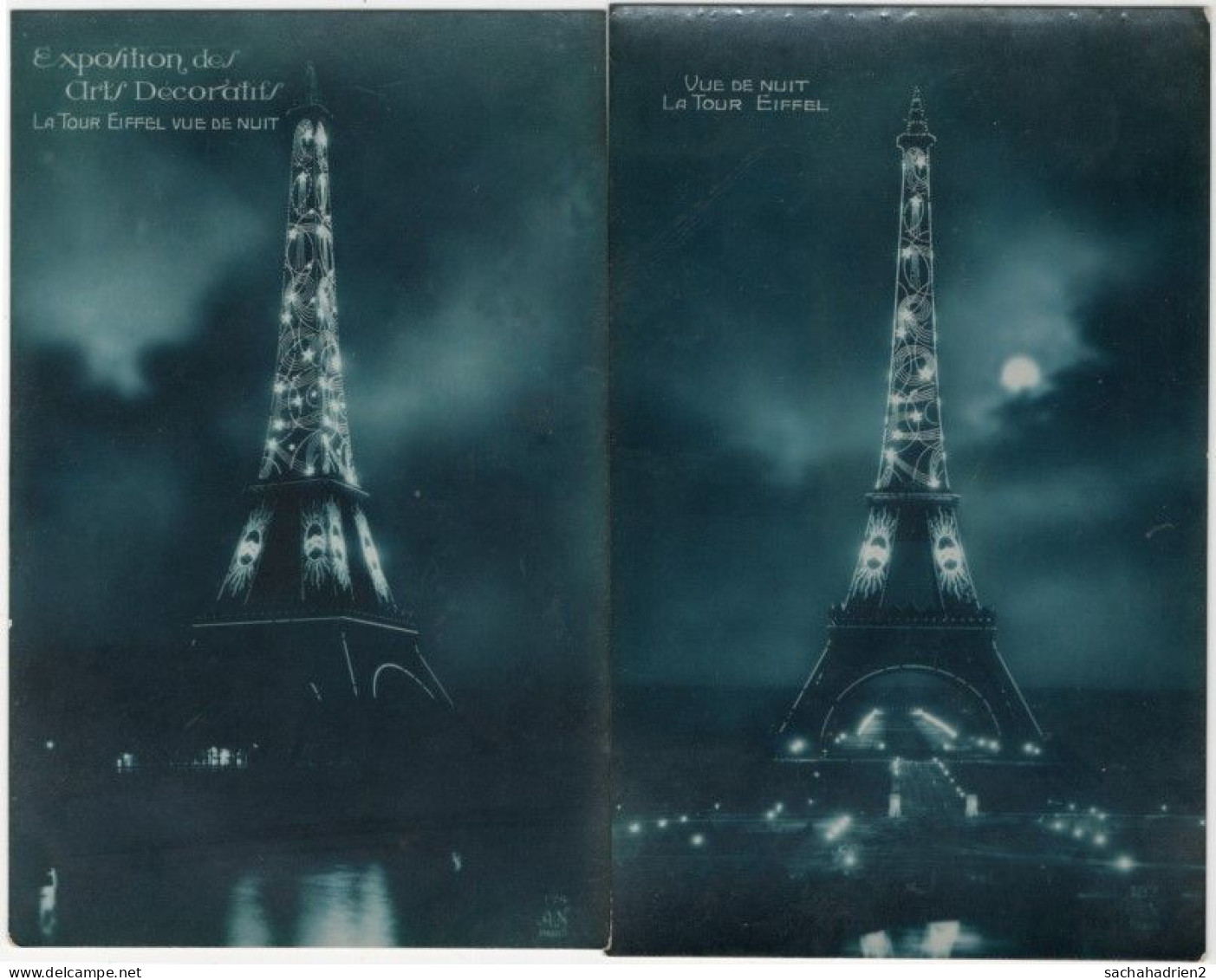 75. PARIS. Exposition Des Arts Décoratifs. La Tour Eiffel Vue De Nuit. 2 Cartes - Mostre