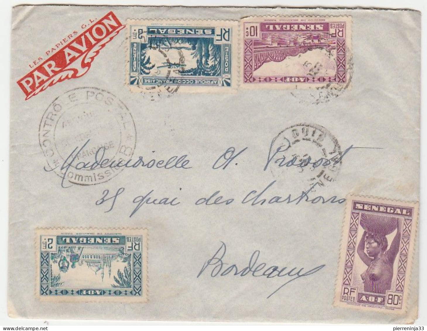 Lettre Saint Louis Du Sénégal Avec Contrôle Postal Pour Bordeaux, 1939 - Briefe U. Dokumente