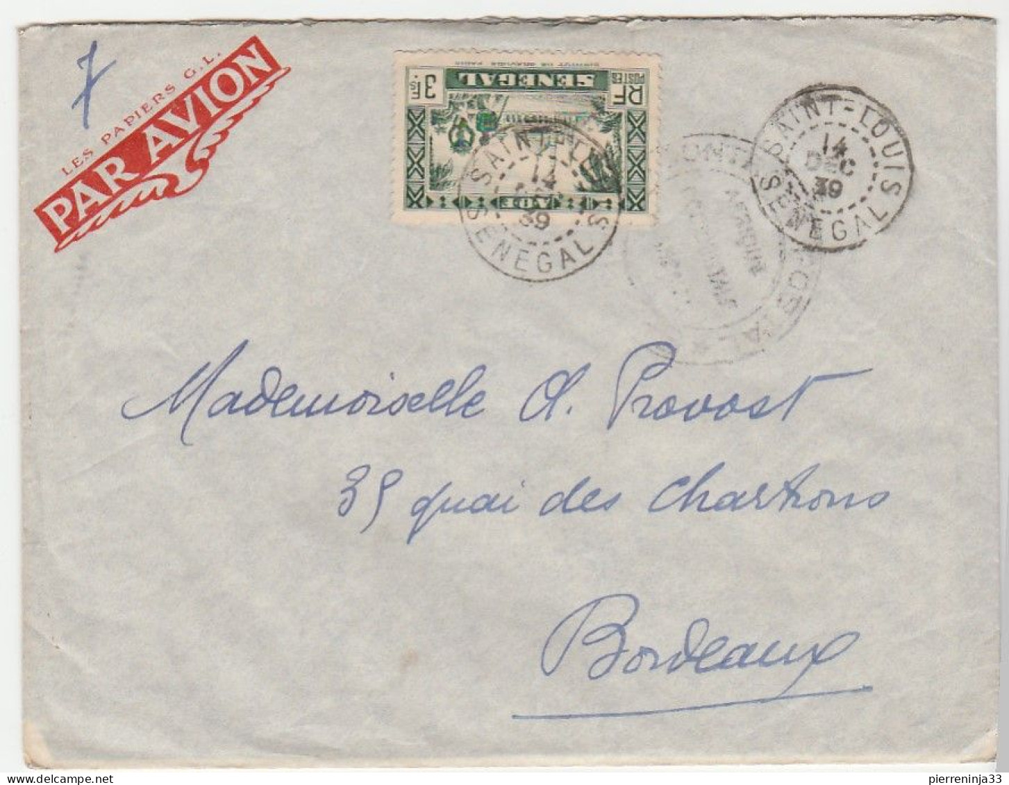 Lettre Saint Louis Du Sénégal Avec Contrôle Postal Pour Bordeaux, 1939 - Covers & Documents