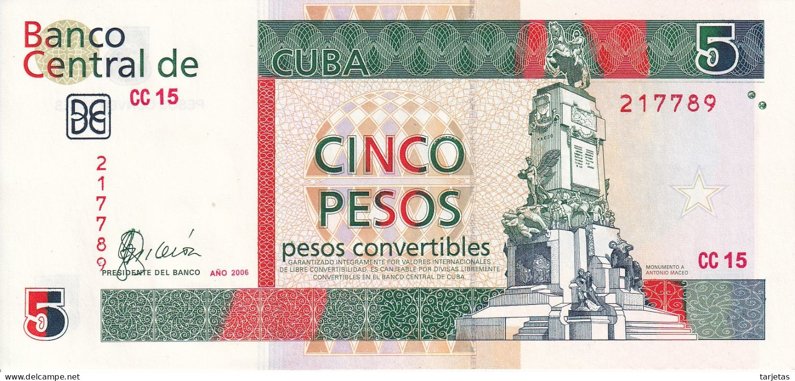 BILLETE DE CUBA DE 5 PESOS CONVERTIBLES DEL AÑO 2006 SIN CIRCULAR (UNC) (BANKNOTE) ANTONIO MACEO - Kuba