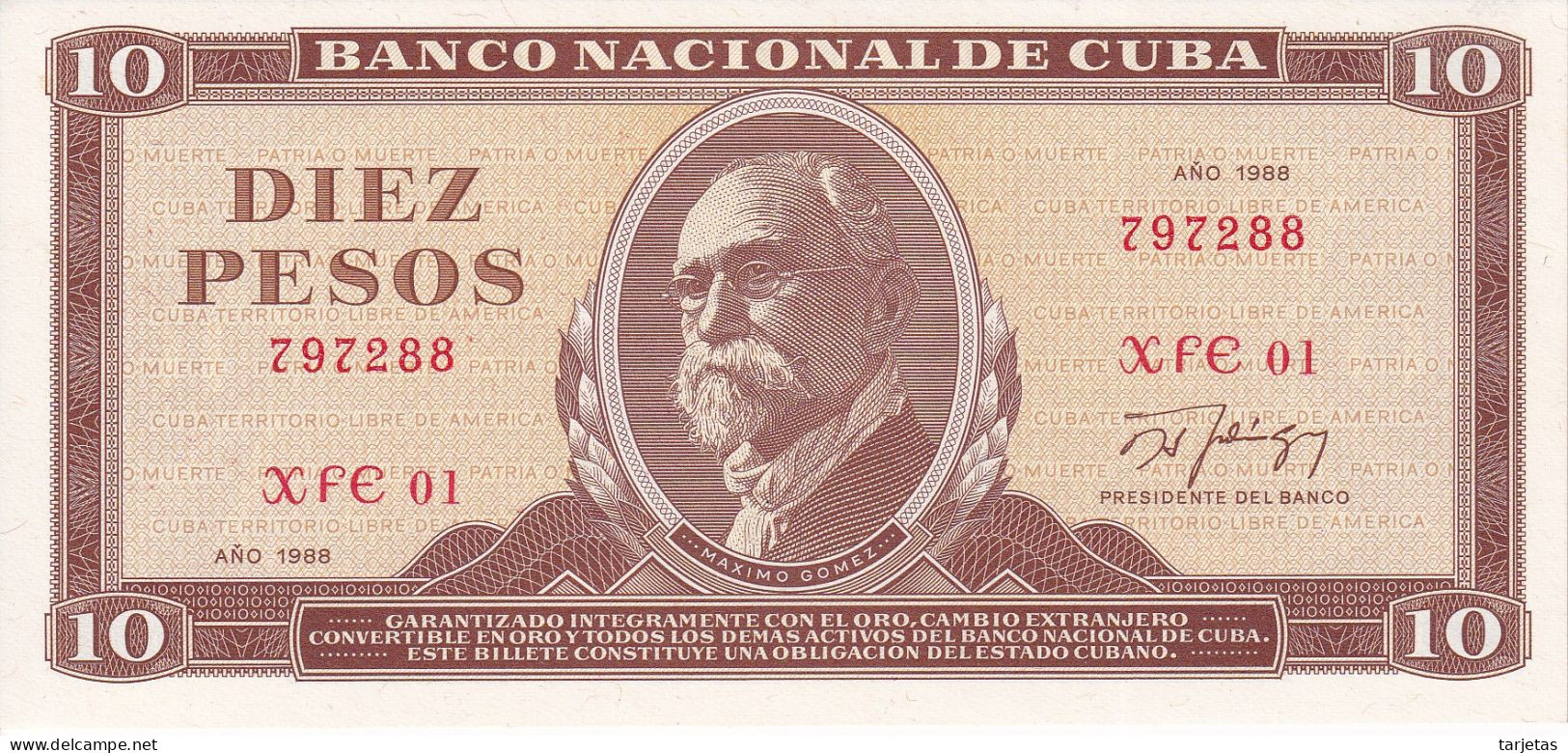REPLACEMENT - BILLETE DE CUBA DE 10 PESOS DEL AÑO 1988 SIN CIRCULAR (UNC) MAXIMO GOMEZ (REEMPLAZO) (BANKNOTE) - Cuba