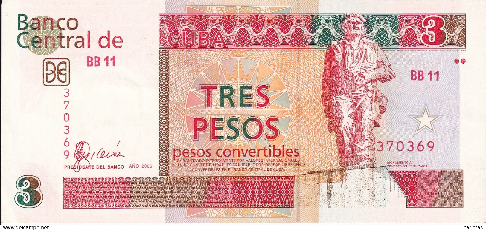 BILLETE DE CUBA DE 3 PESOS CONVERTIBLES DEL AÑO 2006 DEL CHE GUEVARA SIN CIRCULAR (UNC) - Cuba