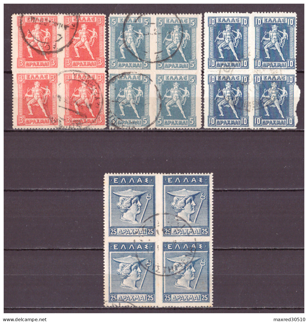 GREECE 1913 - 1927 19 BLOCKS OF 4 (EXC. 25L.X6) OF THE "LITHOGRAPHIC ISSUE", THE BLOCK OF 4X3L. IS MISSING ONLY, USED - Gebraucht