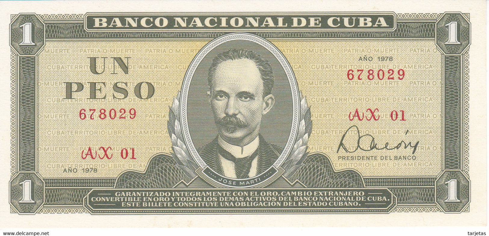 REPLACEMENT BILLETE DE CUBA DE 1 PESO DEL AÑO 1978 SIN CIRCULAR (UNC) REEMPLAZO  (BANKNOTE) - Kuba