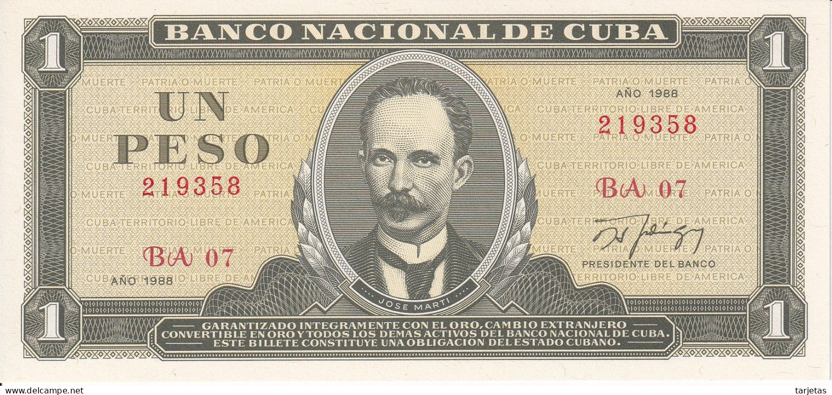 BILLETE DE CUBA DE 1 PESO DEL AÑO 1988 SIN CIRCULAR (UNC)  (BANKNOTE) - Kuba