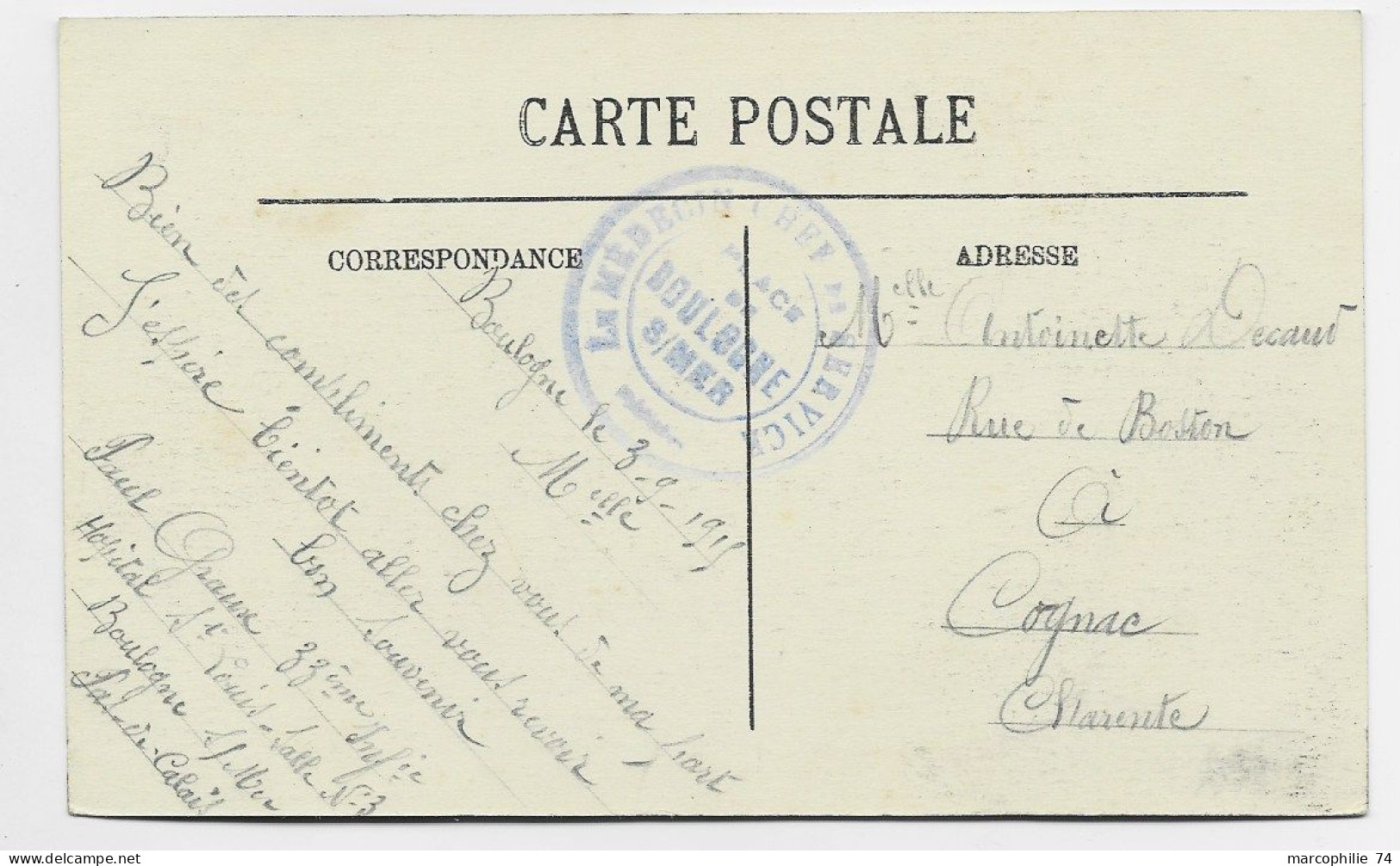 PAS DE CALAIS CARTE BOULOGNE S MER + CACHET VIOLET LE MEDECIN CHEF DE SERVICE PLACE DE BOULOGNE S MER 1915 - Guerra De 1914-18