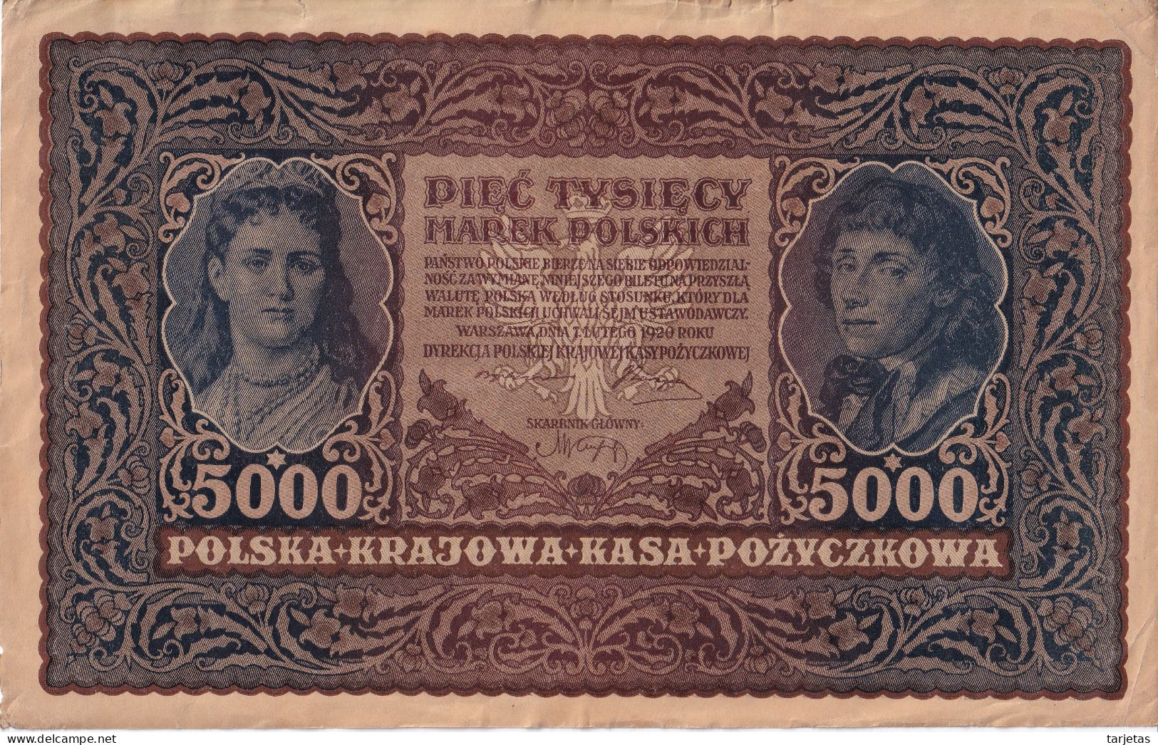 BILLETE DE POLONIA DE 5000 MAREK III SERIE F DEL AÑO 1920 (BANK NOTE) - Polonia