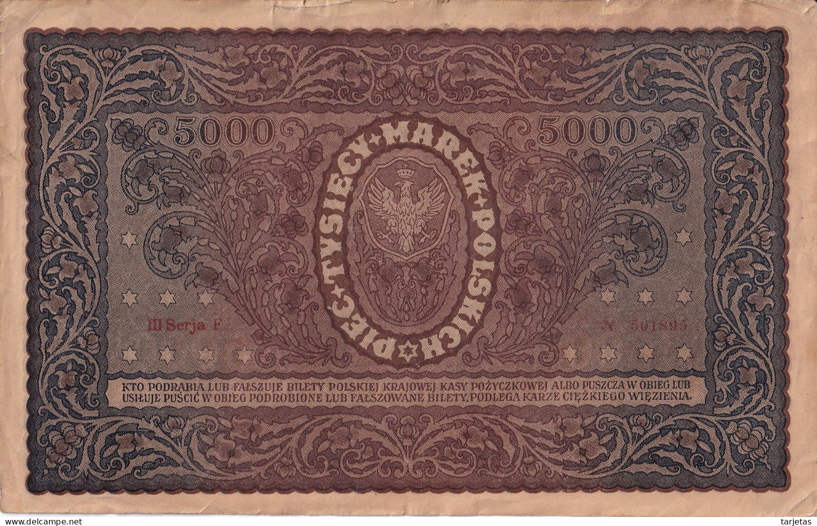 BILLETE DE POLONIA DE 5000 MAREK III SERIE F DEL AÑO 1920 (BANK NOTE) - Polen