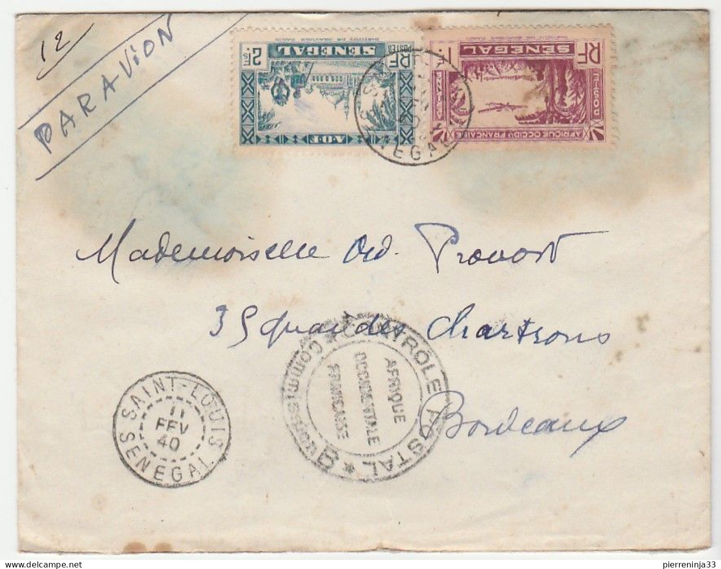 Lettre Saint Louis Du Sénégal Avec Contrôle Postal Pour Bordeaux, 1940 - Storia Postale