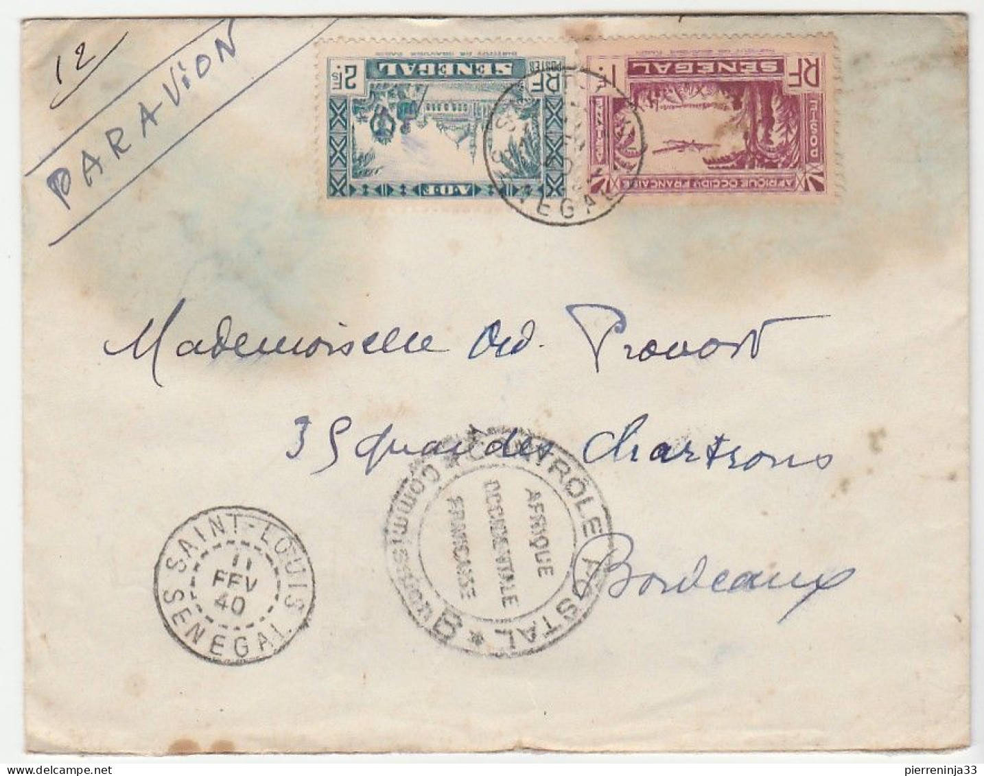 Lettre Saint Louis Du Sénégal Avec Contrôle Postal Pour Bordeaux, 1940 - Covers & Documents