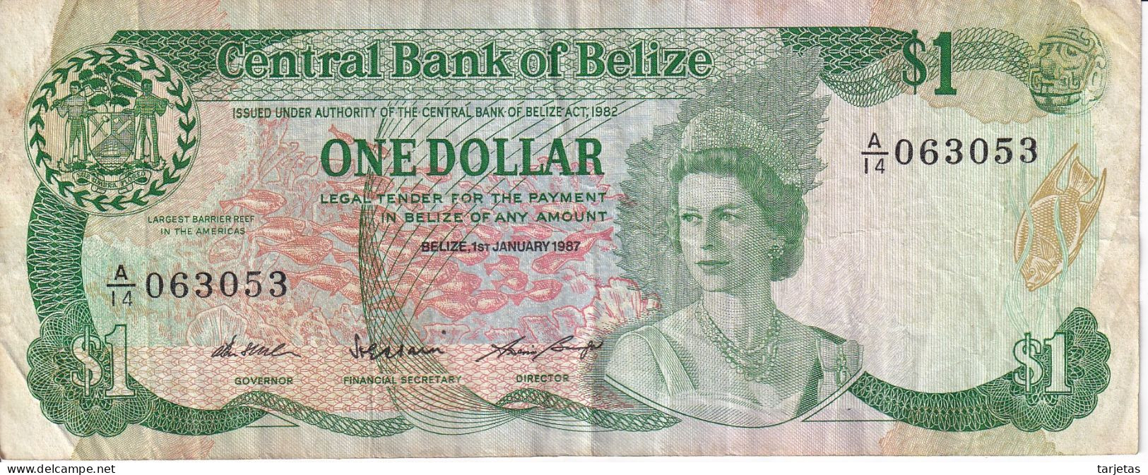 BILLETE DE BELICE DE 1 DOLLAR DEL AÑO 1987 (BANKNOTE) PEZ-FISH - Belice