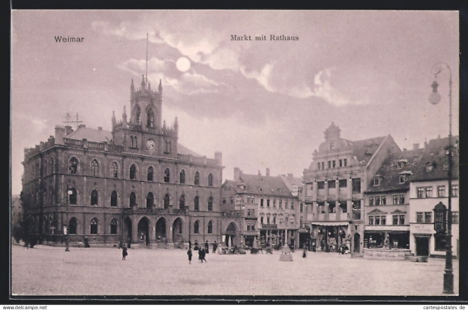 AK Weimar / Thüringen, Markt Mit Geschäften Und Rathaus Bei Mondschein  - Weimar