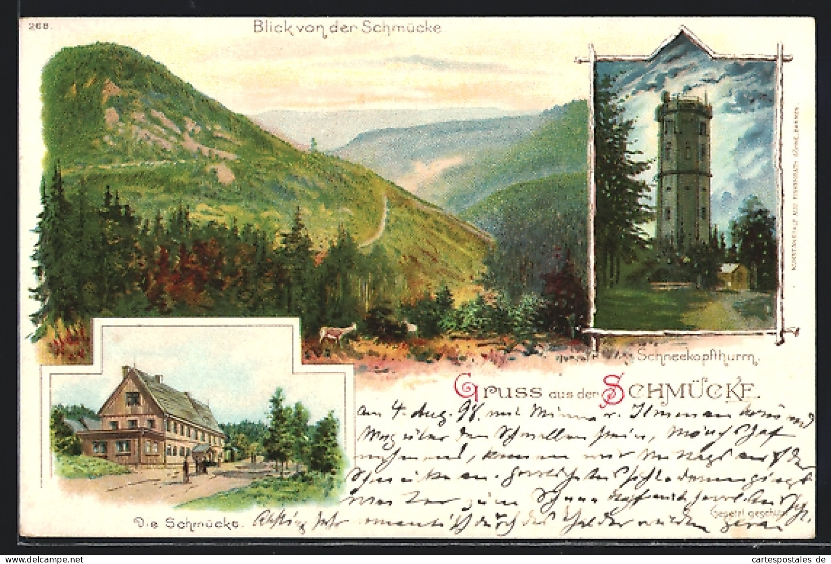 Lithographie Gehlberg, Gasthaus Schmücke, Schneekopfturm, Panorama  - Other & Unclassified
