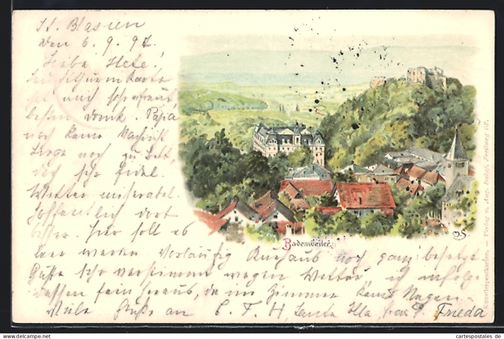 Lithographie Badenweiler, Teilansicht Mit Ruine  - Badenweiler