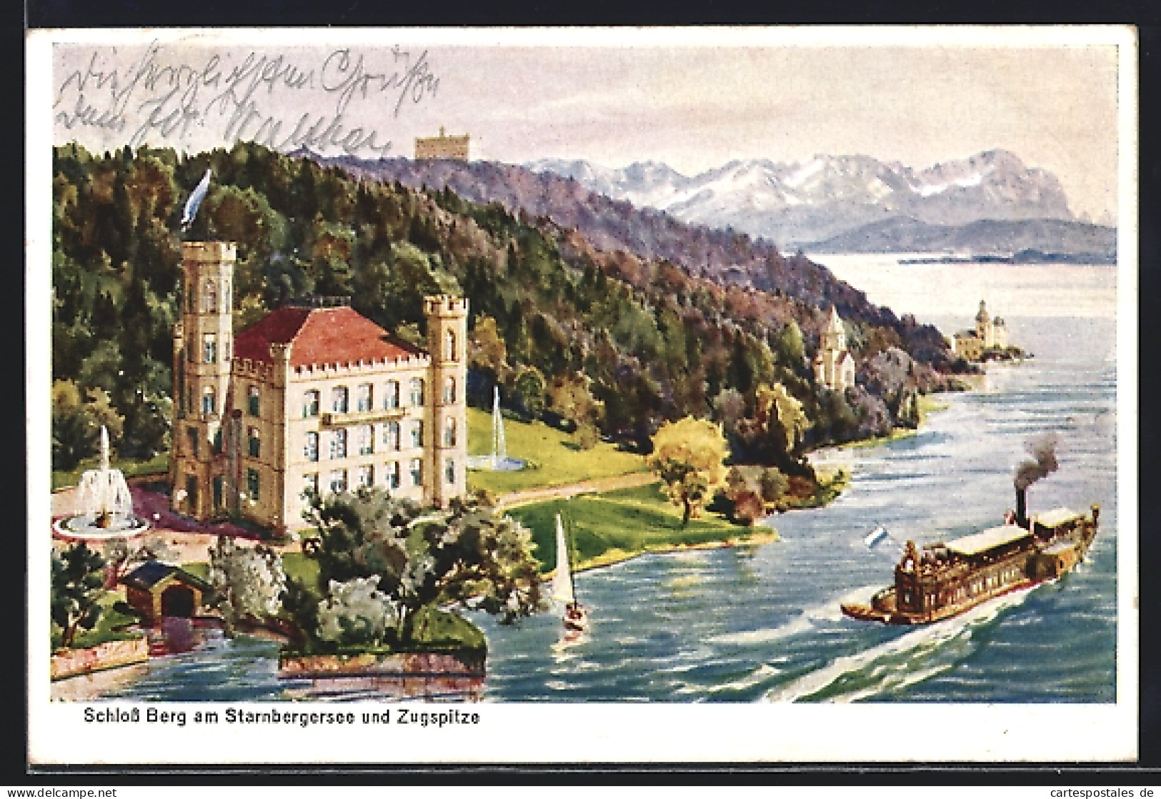 Künstler-AK Berg / Starnberger See, Schloss Berg Und Zugspitze, Dampfer  - Zugspitze