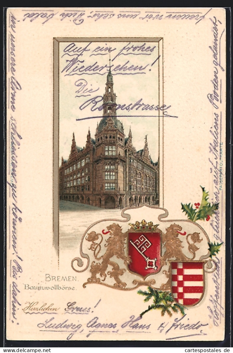 Passepartout-Lithographie Bremen, Strassenansicht Der Baumwollbörse, Wappen  - Autres & Non Classés