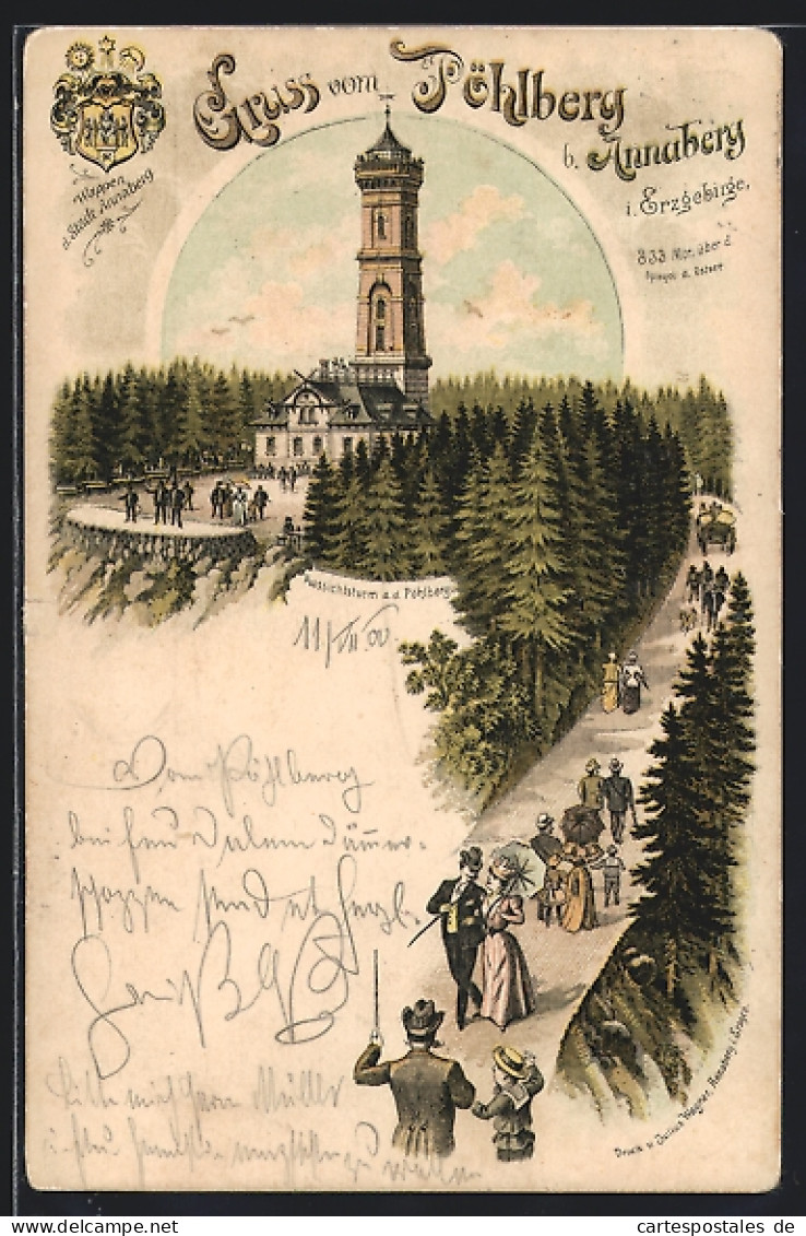 Lithographie Annaberg I. Erzgebirge, Aussichtsberg Auf Dem Pöhlberg, Stadtwappen  - Pöhl