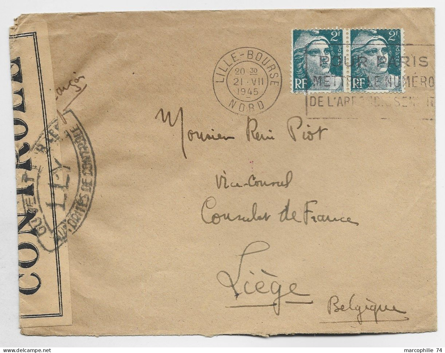 GANDON 2FRX2 LETTRE MEC  FLIER LILLE BOURSE 21.VII.1945 POUR BELGIQUE CENSURE OUVERT LLY - 1945-54 Marianne De Gandon