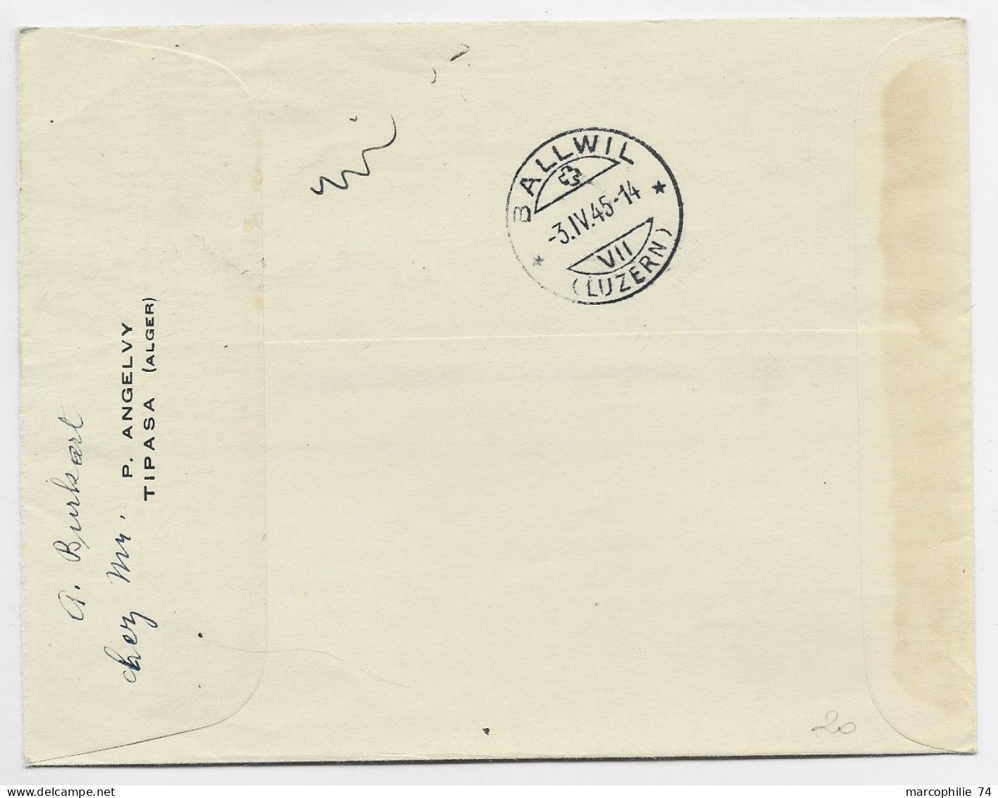 ALGERIE MARIANNE 1FR50+ 4FR BLASON LETTRE AVION TIPASA 30.3.1945 ALGER POUR SUISSE - 1944 Gallo E Marianna Di Algeri