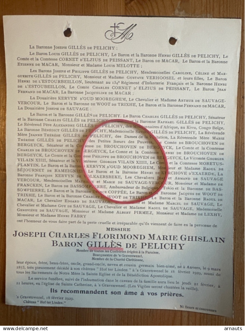 Messire Joseph Baron Gilles De Pelichy Bourgmestre *1873 Anvers +1929 Chateau Hof Ter Linden ‘s Gravenwezel De Macar - Todesanzeige