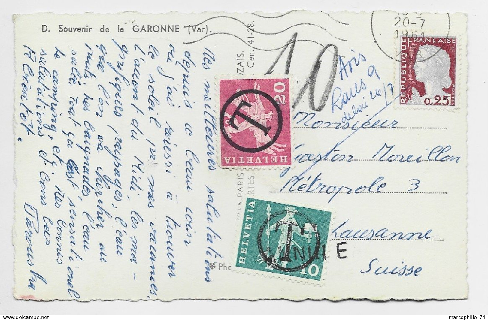 DECARIS 25C SEUL CARTE GARONNE VAR 20.7.1961 POUR SUISSE LAUSANNE  DOUBLE TAXE 10C ANNULE + TAXE 20C - 1960 Marianne De Decaris