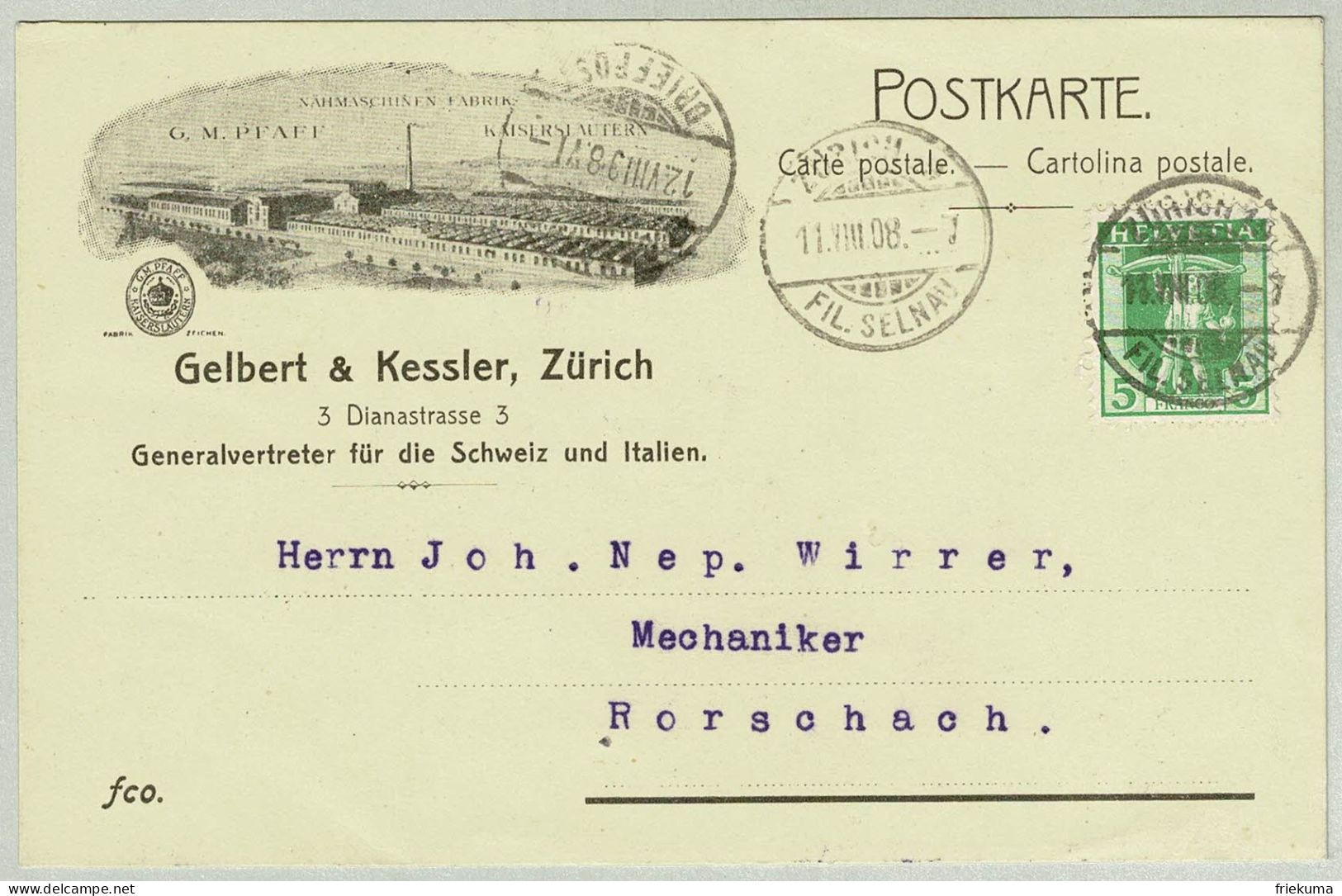 Schweiz / Helvetia 1908, Postkarte Zürich - Rorschach, Nähmaschinen-Fabrik Pfaff Kaiserslautern - Cartas & Documentos