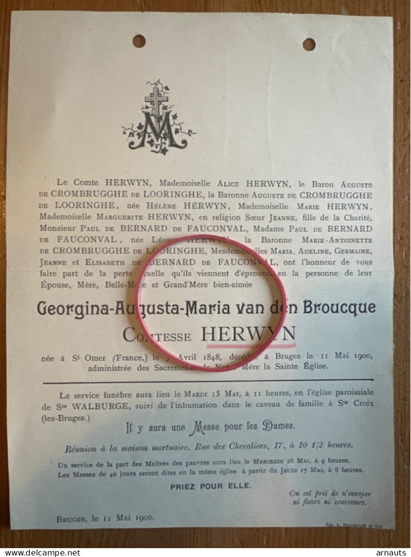 Georgina Comtesse Herwyn *1848 St.-Omer France +1900 Brugge De Crombrugghe De Looringhe De Bernard De Fauconval - Todesanzeige
