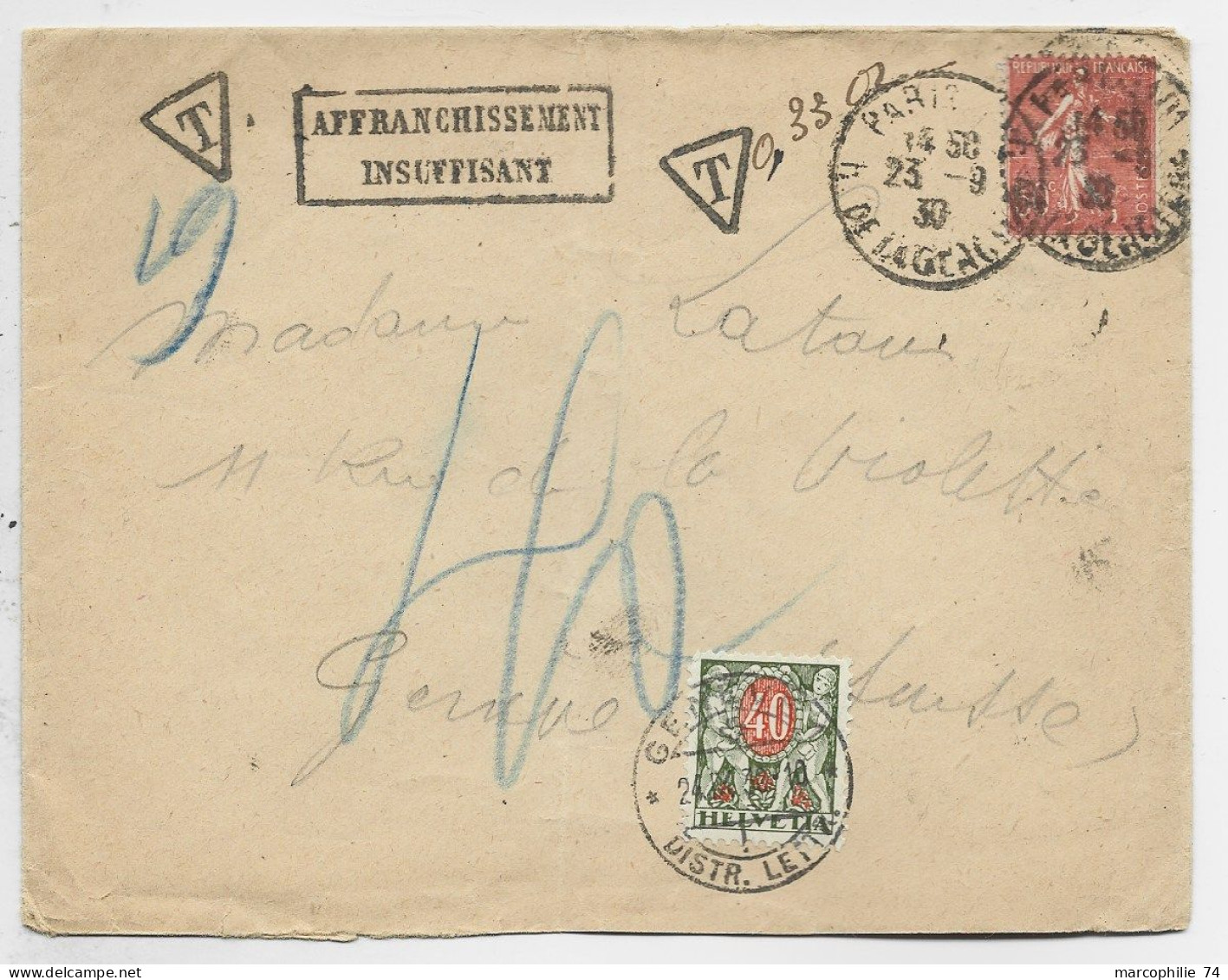 SEMEUSE 50C SEUL LETTRE PARIS 23.9.1930 POUR GENEVE SUISSE TAXE 50C + GRIFFE AFFRANCHISSEMENT INSUFFISANT - 1906-38 Semeuse Con Cameo