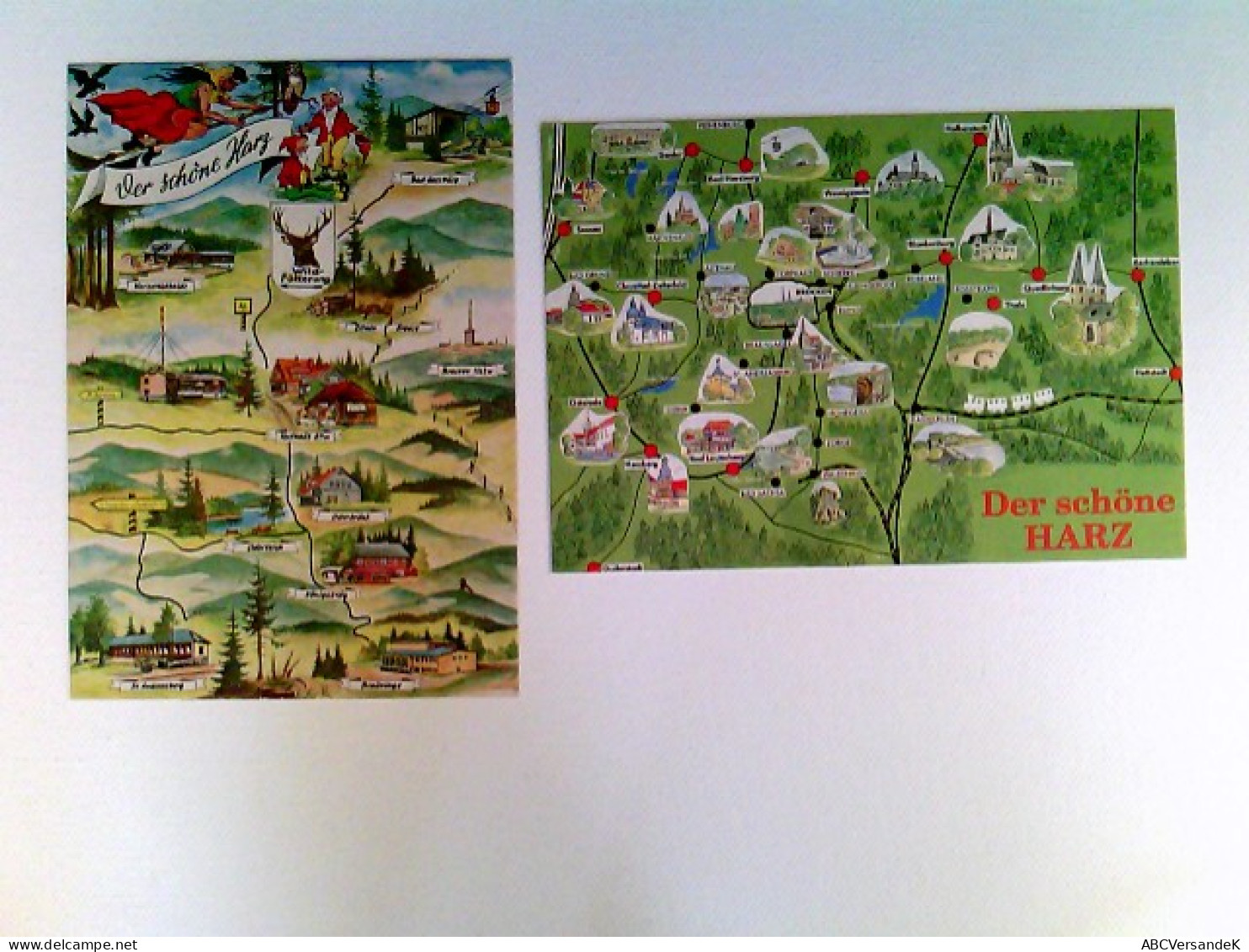 Der Schöne Harz, 2x Landkarte Mit Orten, Landmarken Etc., 2 Künstler AK, Ungelaufen, Datiert 1992/99, Konvol - Otros & Sin Clasificación