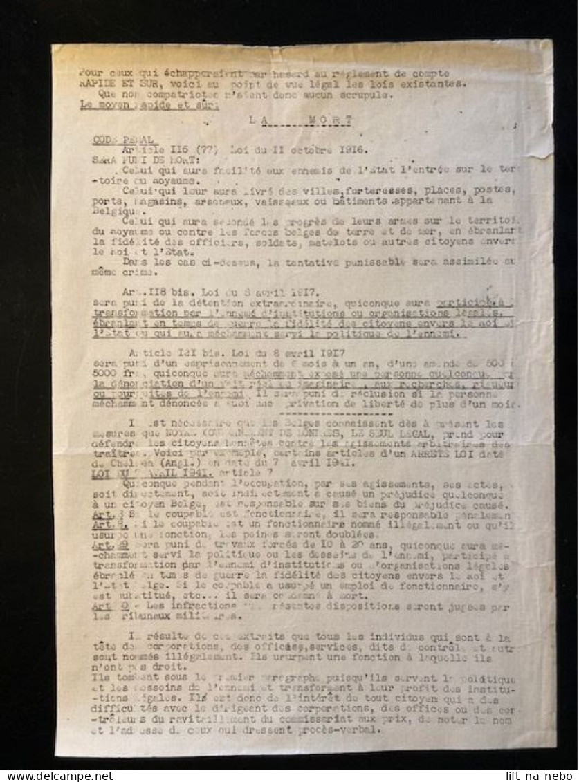 Tract Presse Clandestine Résistance Belge WWII WW2 'La Mort' Pour Ceux Qui échapperaient Par Hasard Au Réglement... - Dokumente