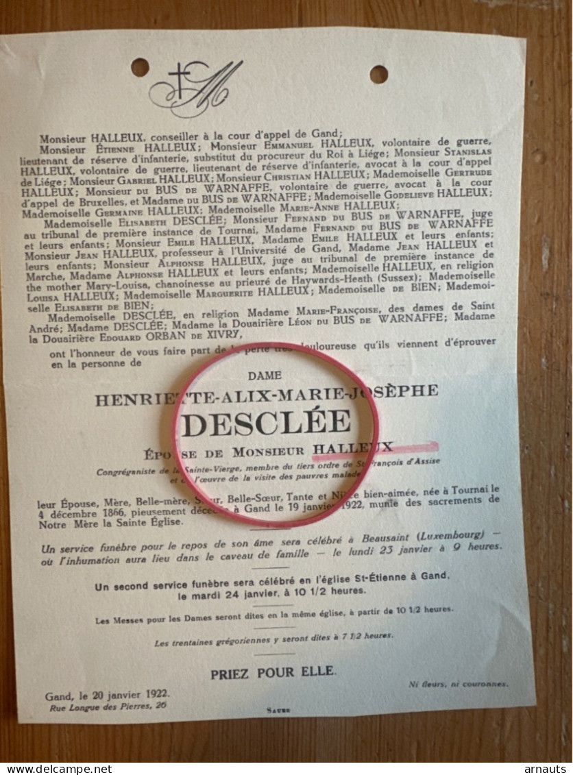 Dame Henriette Desclee Espouse Halleux *1866 Tournai +1922 Gand Beausaint Luxembourg Du Bus De Warnafffe - Obituary Notices