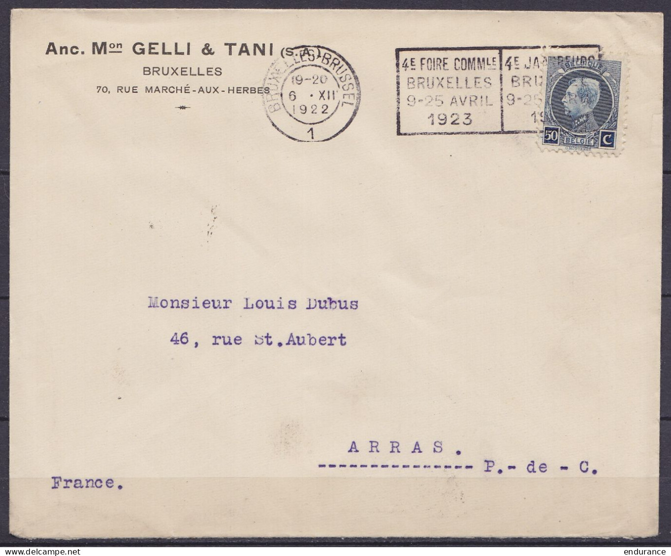 Env. "Philatélie Gelli & Tani" Affr. N°211 Flam. "BRUXELLES-BRUSSEL /6.XII 1922/ 4e FOIRE COMMle BRUXELLES 1923" Pour Co - 1921-1925 Montenez Pequeño