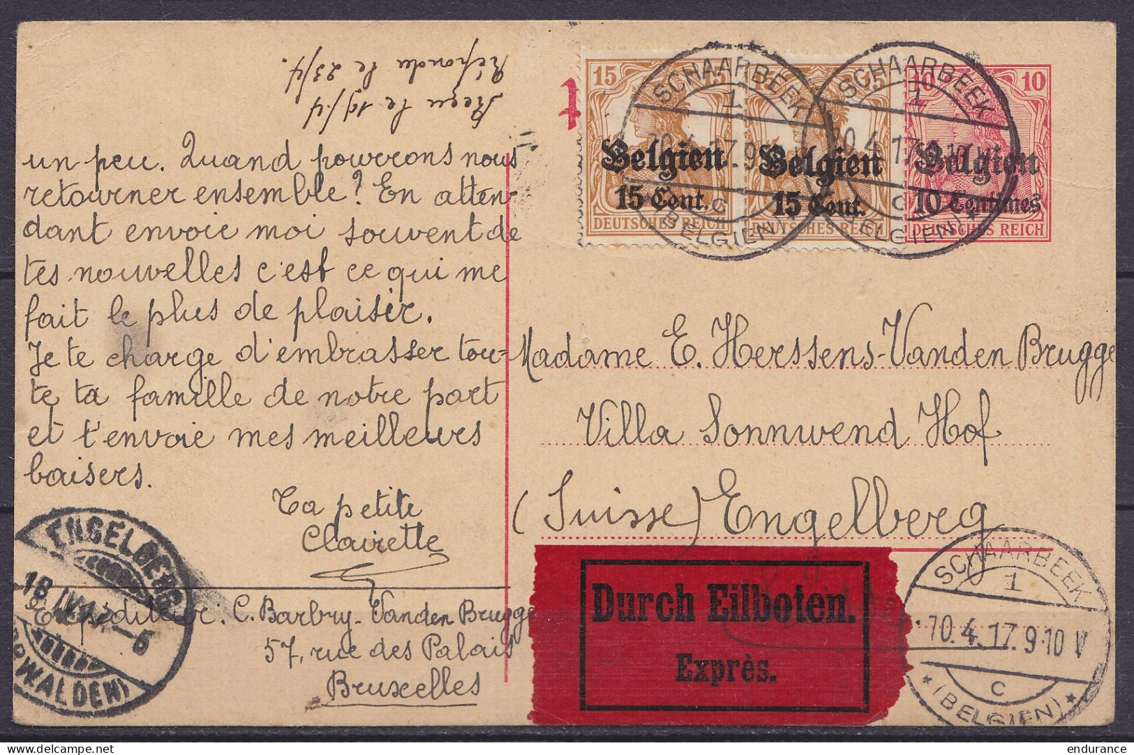 EP Postkarte 10c (type OC3) + 2xOC15 Càpt SCHAERBEEK /10.4.1917 En Exprès Pour ENGELBERG Suisse - Càpt Arrivée ENGELBERG - Occupazione Tedesca